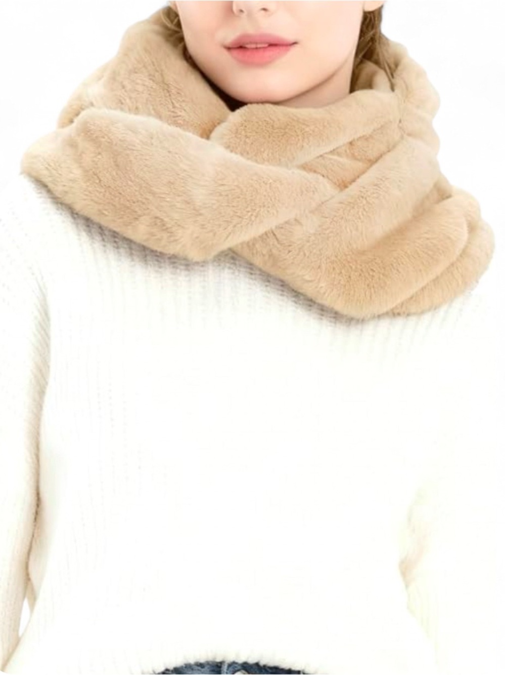 Akira Light Beige Plush Faux Fur Infinity Scarf